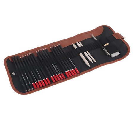 Sæt med skitsetegninger, kunsttegnesæt, kul, viskelæder, penneforlænger, værktøj, skoleartikler