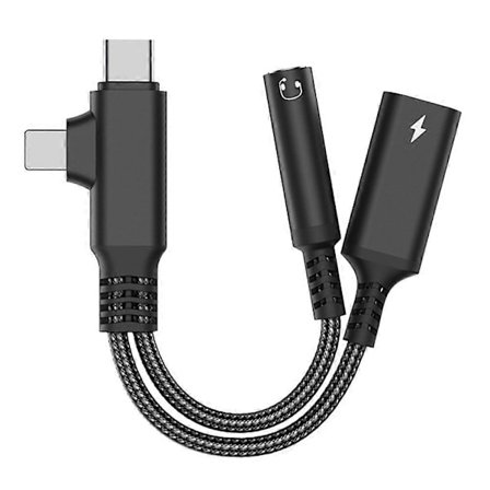 L-formad iP/USB-C till 3,5 mm hona + Type-C laddningskabel ljudladdningsadapter - Svart
