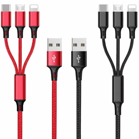 Monitoimilatauskaapeli 2 kpl, 3A 3 in 1 pikalatauskaapeli, 1,25 m punottu nylon moni-USB-kaapeli iP Micro USB Type C -portilla