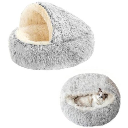 Katteseng - Hule kattebakke 40cm - beroligende og angstlindrende - til små hunde/katte - donut - Grå og hvid