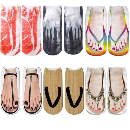 6 par (37-43) 3D stoff flip-flops og sko simuleringsstrømper morsomme og søte sokker egnet for vennegjenger og triksaktiviteter