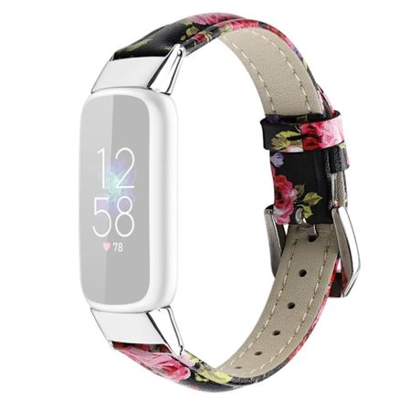 Fitbit Luxe klockarmband i äkta läder - Svart / Rosa Blomma / Storlek: S