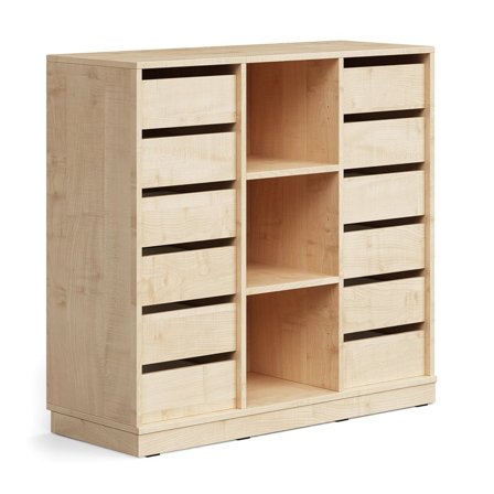 Student storage CASPER, 12 drawers, 3 compartments, base frame, birch