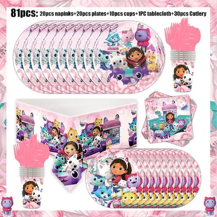 Gabby Dollhouse Birthday Party Supplies: Rosa Gabby Cat-koppar, tallrikar, servetter, ballonger, bakgrund