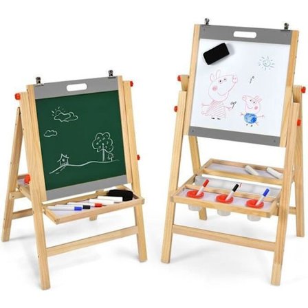 COSTWAY Lasten Taulu - 2 Puolinen Taiteilijataulu 3-in-1, Korkeus Säädettävissä 5 Asentoon, Säilytyspöytä 3v+