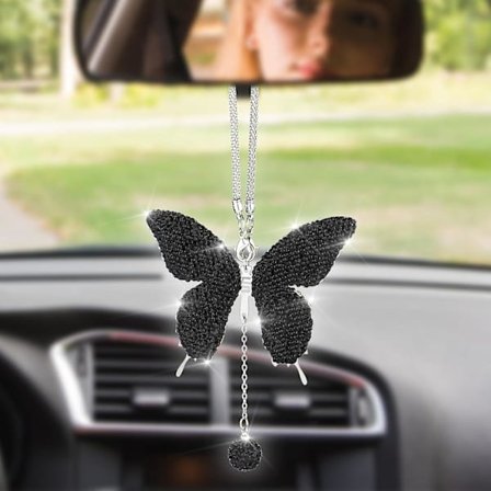 Svart sommerfugl biltilbehør, bilinnredning bakspeil ornamenter diamant hengende dekorasjon søt lykkelig hengende anheng