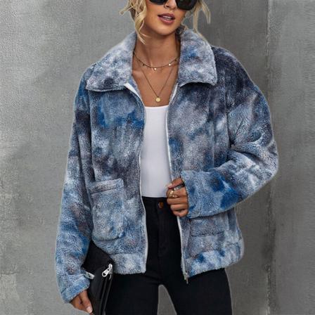 Kvinnor Tie-dyed Fleece Ytterkläder Långärmad Full Zip Pocket Jacka