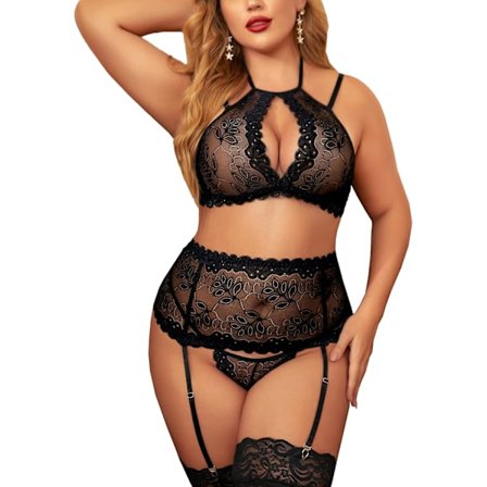 2025 Uusin malli Damen Dessous Sexy Set Plus Size Blumenspitze BH und Panty Set Halter Sexy 3-osainen alusvaatesetti