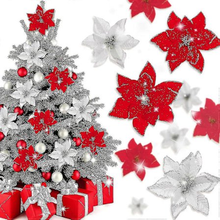 40 kpl Joulutähti Keinotekoisia Joulukukkia 40 kpl Klipseillä ja 40 kpl Varsiilla Punainen Hopea Joulu Kukkia Glitterillä