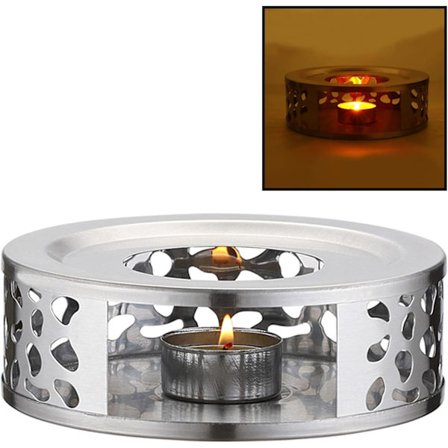 Ruostumattomasta teräksestä valmistettu teepannunlämmitin kynttilänjalalla lasi-, teräs- ja keraamisille padoille