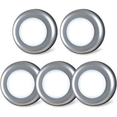 Sæt med 5 små berøringsfølsomme LED-spotlights, selvklæbende, batteridrevet, til indendørs brug, skabe, garderober, køkkenskabe, sølv, kold hvid