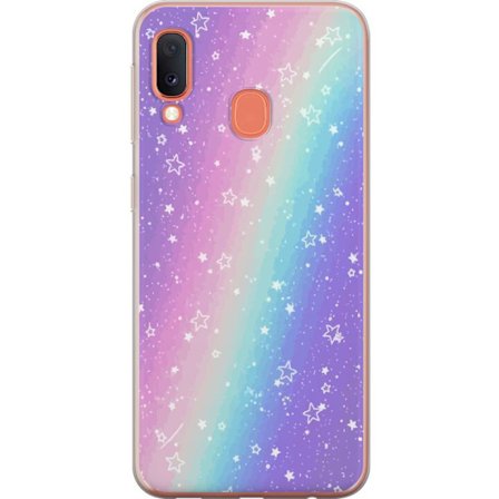 Kompatibelt Mobildeksel til Samsung Galaxy A20e Rainbow-farget pastellbakgrunn med hvite stjerner og gnistrende prikker i myk overgang