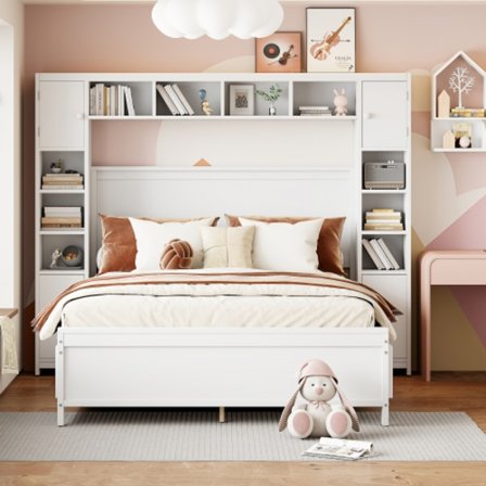 Dubbelsäng 140x200 cm - massivt trä med 4 lådor & förvaringsskåp | Vit sängram inkl. badhylla