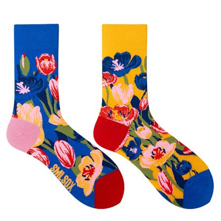 5 par Många stilar av AB-strumpor asymmetriska kreativa trendiga strumpor roliga par mandarinanka färgade mellanhöga strumpor