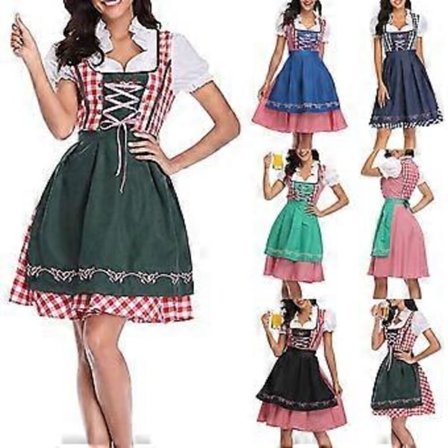 Oktoberfest Ølkelnerinne Kostyme Bayersk Tradisjonell Dirndl Kjole Karneval for Kvinner (XL Denim Blå Rutete)
