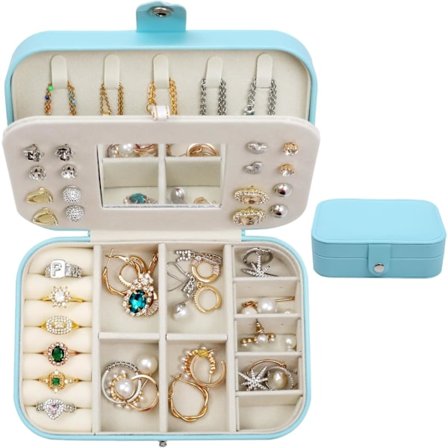 Blå Reise Smykkeskrin med Speil, PU Lær Liten Smykkeorganisator, Bærbar Mini Reiseveske Display Oppbevaringsbokser