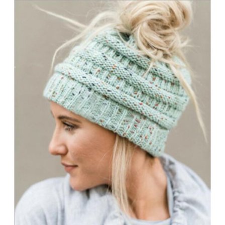 Hæstemøsse - Vinterhue til kvinder med hestehale, strikket hue med hul udendørs varm vinter til gave