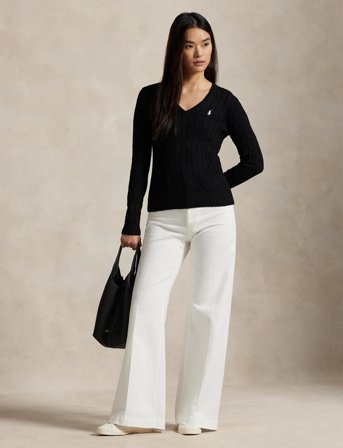 Polo Ralph Lauren Cable-Knit Cotton V-Neck Sweater - Black - M