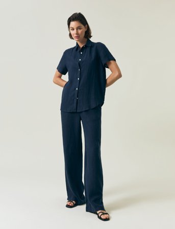 Lexington Clothing Short Sleeve Linen Shirt - Navy - S
