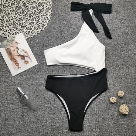 Naisten seksikäs yksiosainen bikini, yksiolkainen rusetti ontto korkeavyötäröinen uimapuku, musta valkoinen (m)