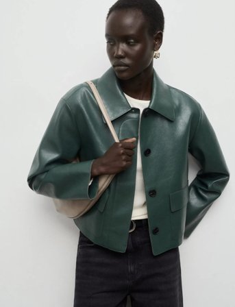 Mango Faux-Leather Jacket With Pockets - Green - XXL