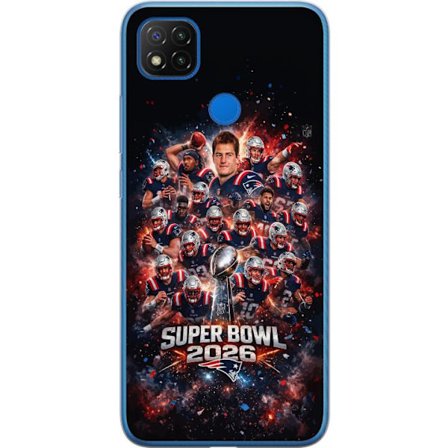 Kompatibel Mobilcover til Xiaomi Redmi 9C Super Bowl 2026 plakat med New England Patriots og NFL-pokal i eksplosiv sportsdesign