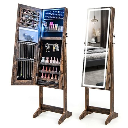 COSTWAY Fristående smyckeskåp med LED-lampor, 3 justerbara vinklar, låsbar dörr, helspegel, brun