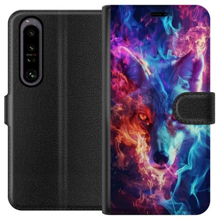 Kompatibelt Plånboksfodral till Sony Sony Xperia 1 IV Intensiv varg med blå och orange eld runt ansiktet, kraftfull fantasyillustration med magisk e