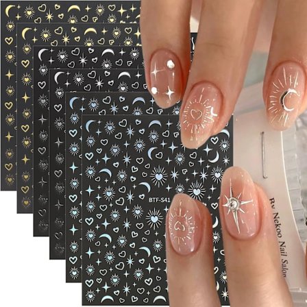 6 Ark Laser Måne Stjerne Negleklistremerker for Neglekunst Dekor Valentinsdag Hjerte Negleklistremerker Holografisk Gull Sølv Negledesign Charms 