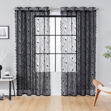 Sorte gjennomsiktige gardiner, 140×200CM, brodert fugl på tre gren grommet gjennomsiktige gardiner, lysfiltrering personvern vindusbehandlingsgardiner