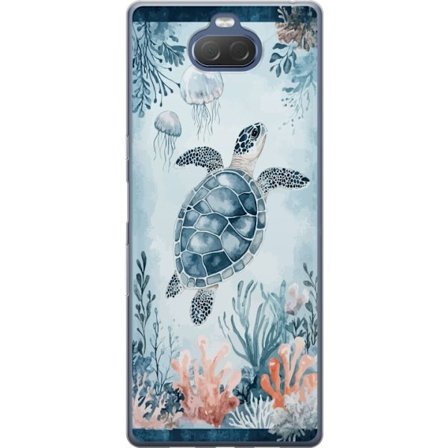 Kompatibelt Mobildeksel til Sony Xperia 10 Plus Akvarellmaleri av en havskilpadde blant koraller og maneter i et fredelig blått undervannsverden