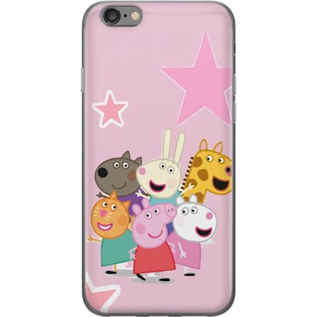Yhteensopiva Puhelinkuori Apple iPhone 6 Peppa Possu ja ystävät kerääntyneinä tähtien kanssa vaaleanpunaisella taustalla, värikäs lasten kuvit