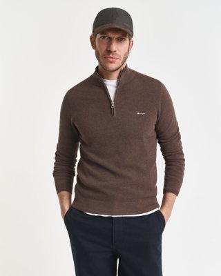 GANT - Piquestrikket bomullsgenser med half-zip til herre brown melange