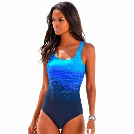 Womens Color Block Print One Piece Swimsuits Athletic Training Swimwear Bathing Suits --- Blå (Størrelse L)