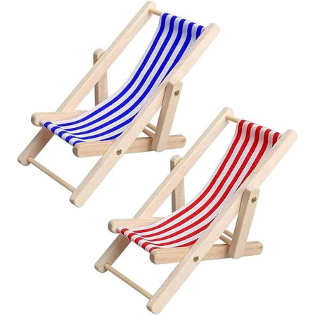 2 stk. Mini Strandstole, Mini Træstol Strandstol Model Mini Sammenklappelig Strandstol Mini Møbel Tilbehør med Røde/Blå Striber