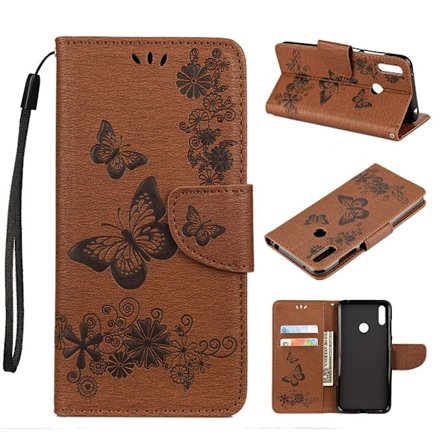 Huawei Y6 2019 sommerfugleprint på lædercover - brun