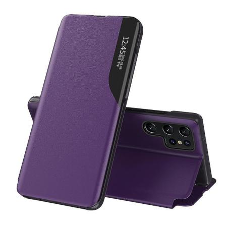 Samsung Galaxy S23 Ultra Smart View -ikkuna Flip-telinekotelo PU-nahka Musta Violetti