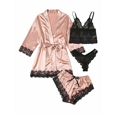 Damer 4 deler Satin Blomster Blonde Cami Topp Underklær Pyjamas Sett med Robe W