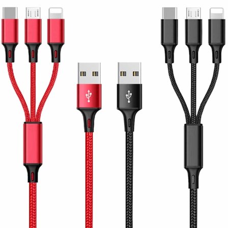 Multi 2-pack 3A 3 i 1 snabbladdningskabel 1,25 m nylon multi USB-kabel med iP Micro USB Type C-port