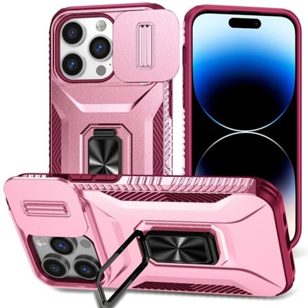 iPhone 14 Pro Case Stand Sliding Lens Cover - Pink