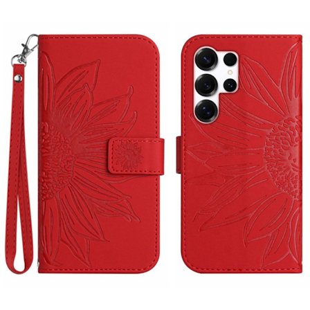 Samsung Galaxy S26 Ultra Plånboksfodral Konstläder Blomtryck - Röd