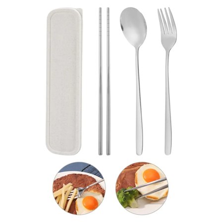 Rustfrit stål bestiksæt gaffel ske med opbevaringsboks til husholdning rejse camping (sølv)