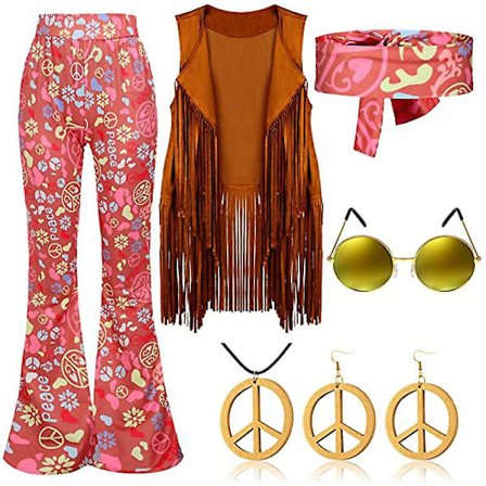 70-luvun Hippie-juhlat retroasu tupsuliivi+housut+huivi asu Pinkki Vaaleanpunainen