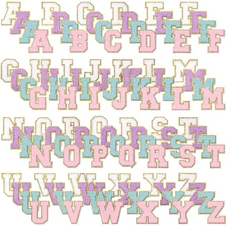 104 stk bokstavlapper strykejern på chenille A-Z reparasjonslapper alfabet applikasjonslapper lim på broderte bokstav sy-på lapper med gullkant for