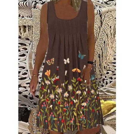 Damklänning Sommaren Ärmlös Blommigt Print Tank Klänning Casual Holiday