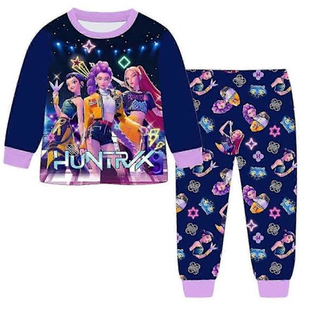 K-Pop Demon Hunters Børne Langærmet Pyjamassæt, Sødt Tegneserieprint Børne Loungewear til Søvn og Afslappet Brug