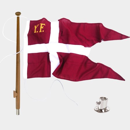 Flag set with yacht ensign Adela Royal, Denmark, marine polyester (160 g / m²), 100 cm x 52 cm + flagstaff Ø25 mm, 120 cm in teak + flagstaff holder 