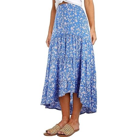 IC Ditzy Print Midi Kjolar för Kvinnor Boho Elastisk Hög Midja Långa Kjolar för Kvinnor Trendig Hög Låg Fåll