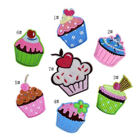 Dww-7 kappaletta cupcake-kirjontamerkkejä, lasten vaatteet takki laukku värillisillä silitysmerkeillä, DIY makeat kirjontamerkit, ihana