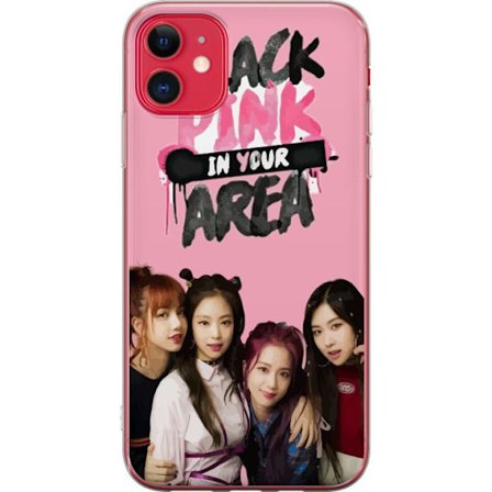 Yhteensopiva Puhelinkuori Apple iPhone 11 BLACKPINK In Your Area, jossa ryhmäkuva Lisa, Jennie, Jisoo ja Rosé vaaleanpunaisen taustan edessä, vahvasti
